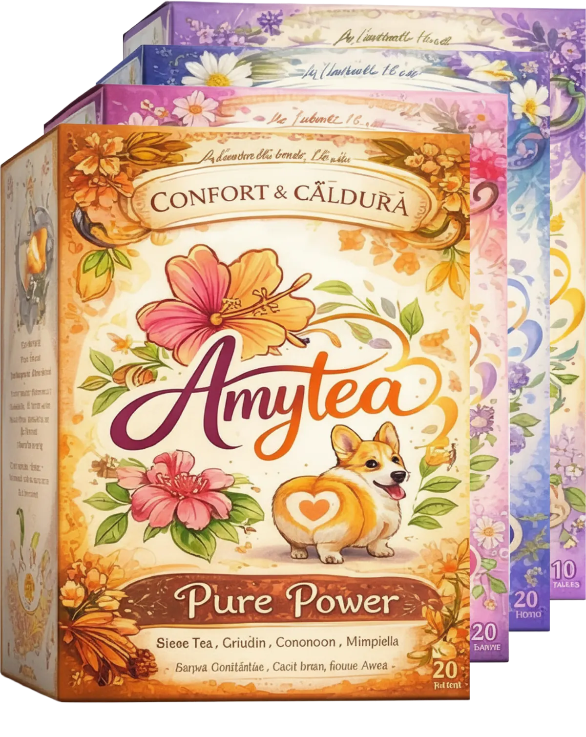Cutii de ceai Amytea ilustrate lângă o ceașcă aromată