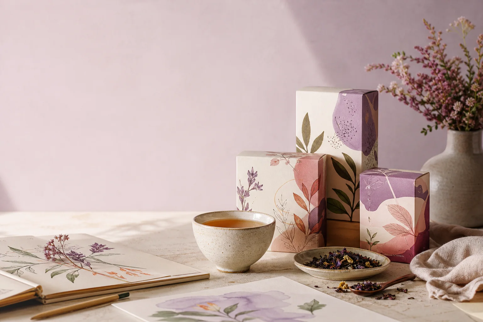 Cutii de ceai Amytea cu ilustrații botanice, așezate pe o suprafață caldă